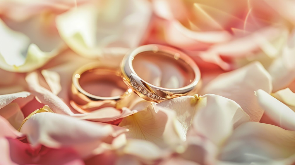 wedding rings on rose petals